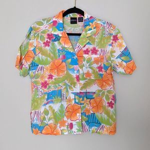 Vintage Erika Tropical Floral Hawaiian Print Short Sleeve Button Down Shirt